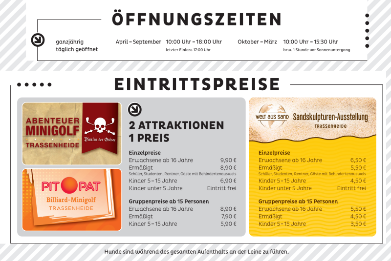 Ein Plakat, das die saisonalen Öffnungszeiten sowie die detaillierten Eintrittspreise für Minigolf und verschiedene Attraktionen anzeigt.